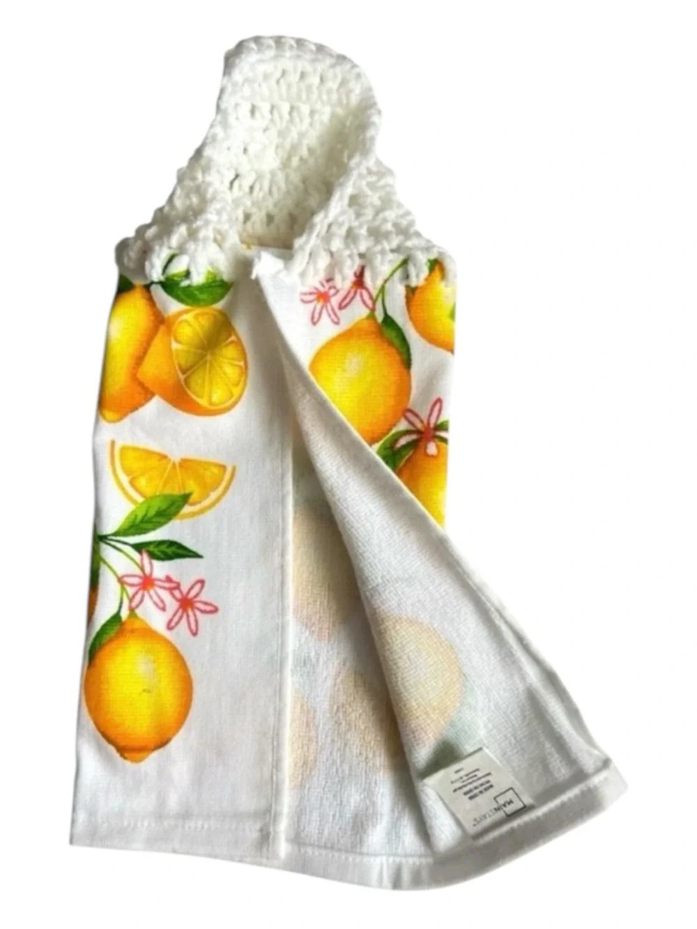 Hand Crafted Lemon Print Hanging Kitchen Towel - White, Yellow, Green